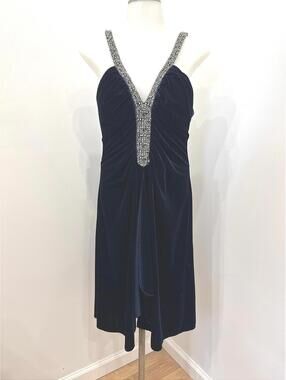 JS Boutique Size 10 Elegant Navy Blue Velvet Dress with Beaded Straps